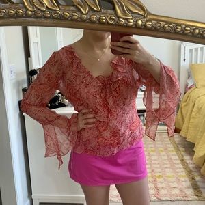 Y2K Silk Blouse M Long Sleeve Ruffle Pink Print Lace Up Sheer Bead Flare Sleeve